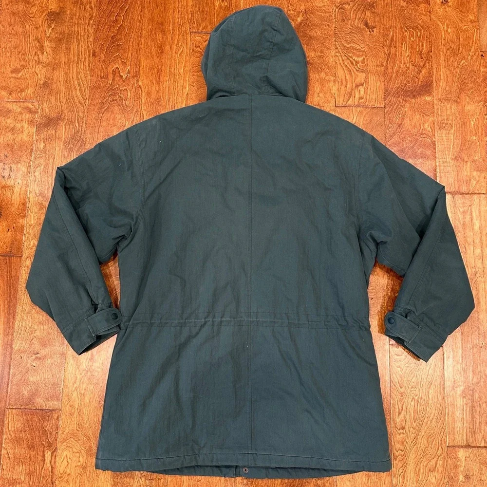 Vintage LL Bean Parka Mens L Green Wool Plaid Lined Hooded Chore Coat Jacket 90s